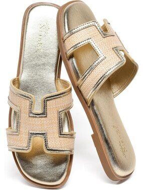 NianEr Women's Gold Leather Comfortable Casual Summer Flats Sandals Shoes